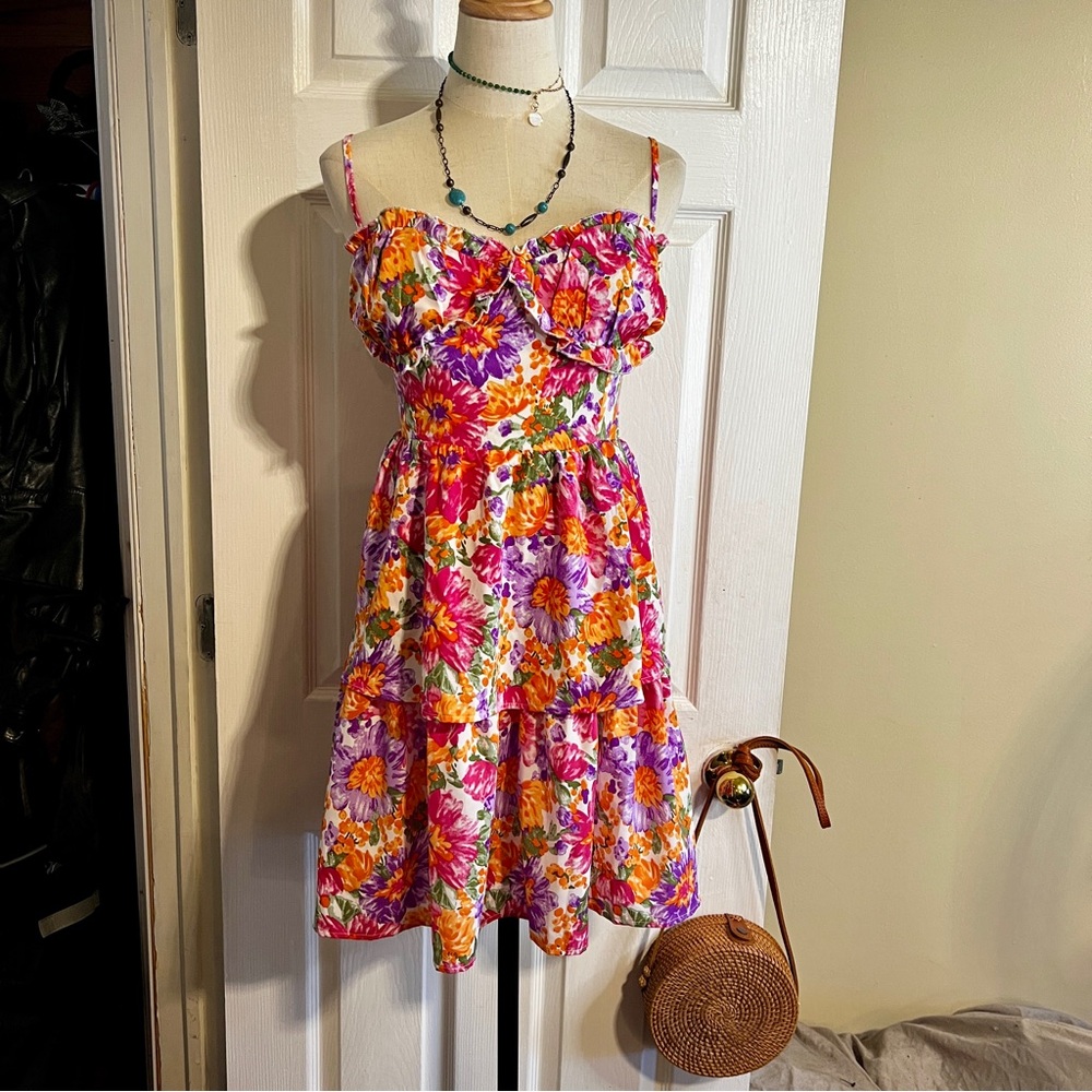 SHEIN Womens Floral Tiered Ruffle Tropical‎ Coquette Summer Mini Dress XL